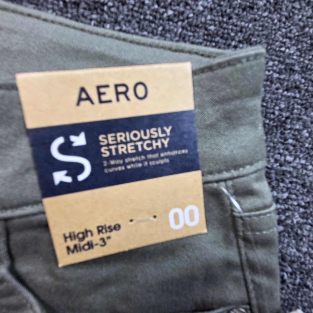 Aero High Rise Midi Shorts Womens 00 Green Seriously Stretchy Summer Cuffed - Picture 2 of 9